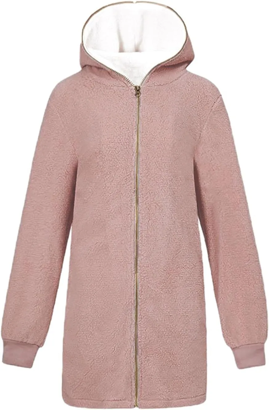 Women's Casual Cardigan Winter Coat Hooded Fleece Jacket Fuzzy Fleece Open Front Hooded Sweater with Pockets