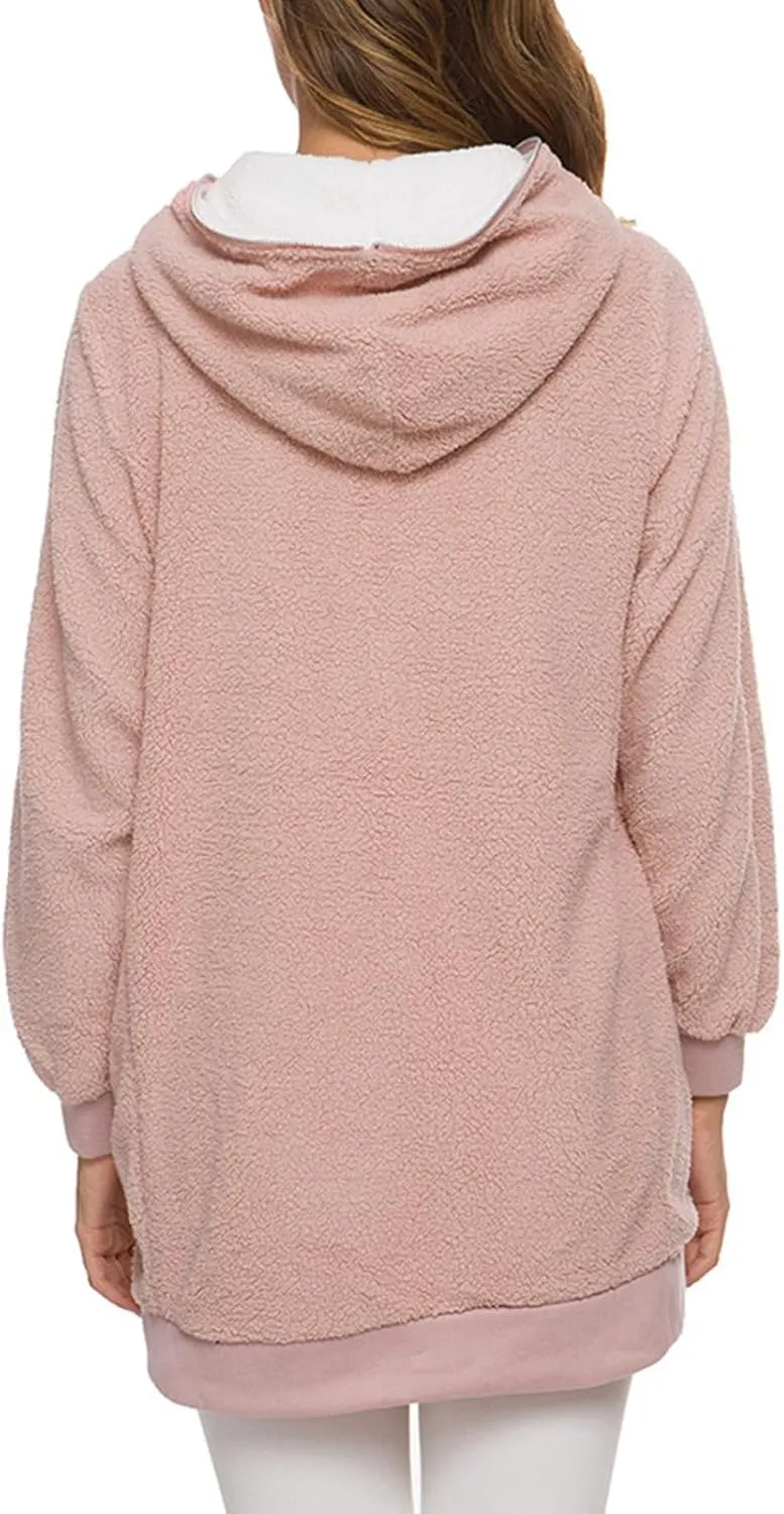 Women's Casual Cardigan Winter Coat Hooded Fleece Jacket Fuzzy Fleece Open Front Hooded Sweater with Pockets