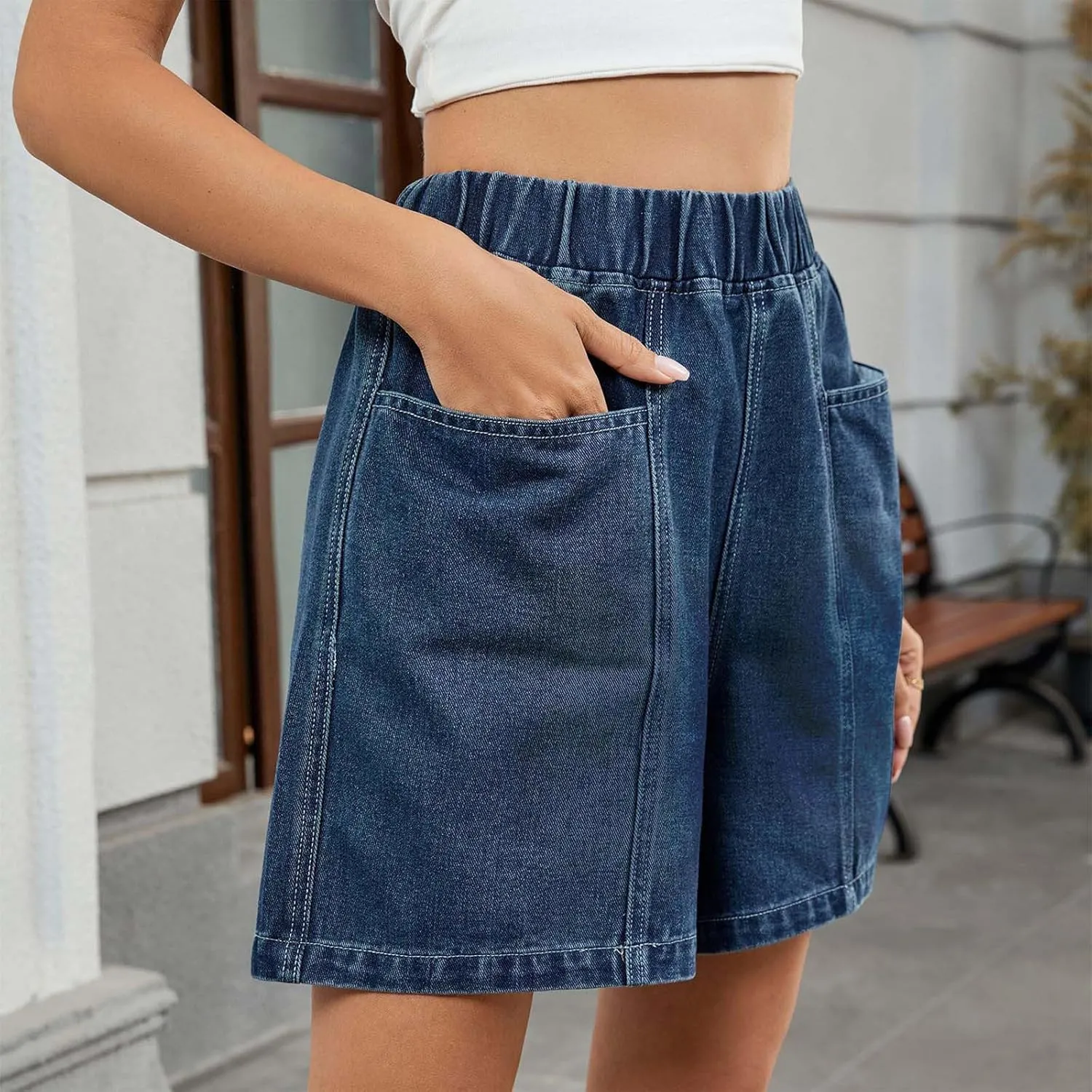 Women's Casual Denim Shorts Elastic High Waisted Jeans Short with Pockets 2025 Summer Trendy Patchwork Baggy Shorts