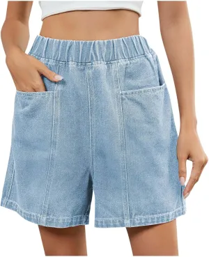 Women's Casual Denim Shorts Elastic High Waisted Jeans Short with Pockets 2025 Summer Trendy Patchwork Baggy Shorts