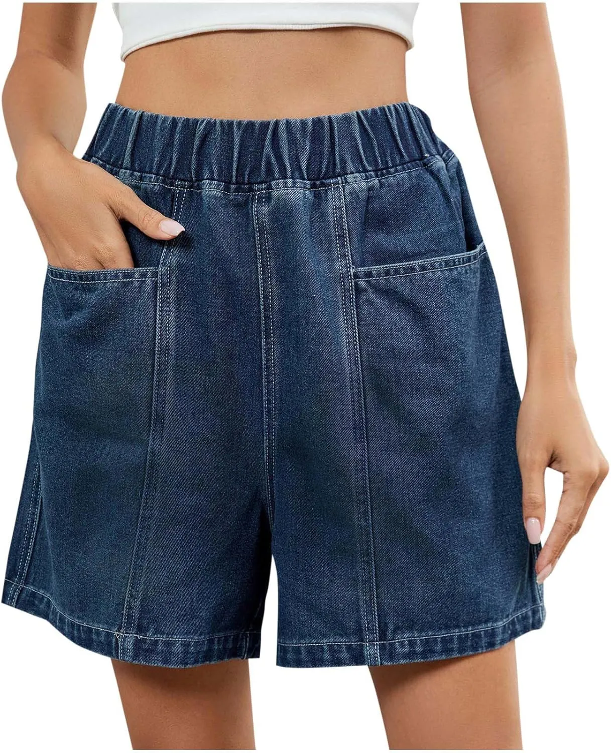 Women's Casual Denim Shorts Elastic High Waisted Jeans Short with Pockets 2025 Summer Trendy Patchwork Baggy Shorts