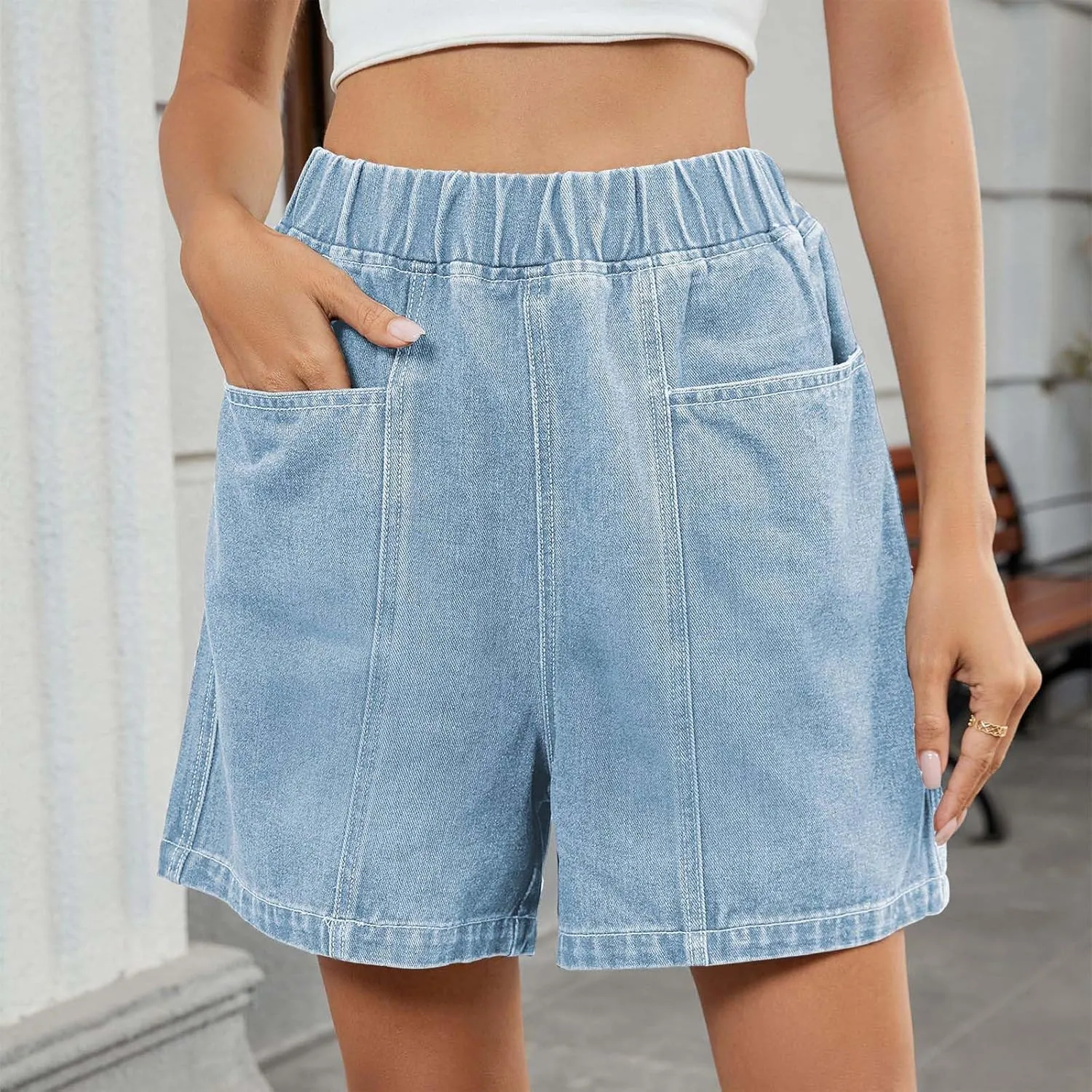 Women's Casual Denim Shorts Elastic High Waisted Jeans Short with Pockets 2025 Summer Trendy Patchwork Baggy Shorts