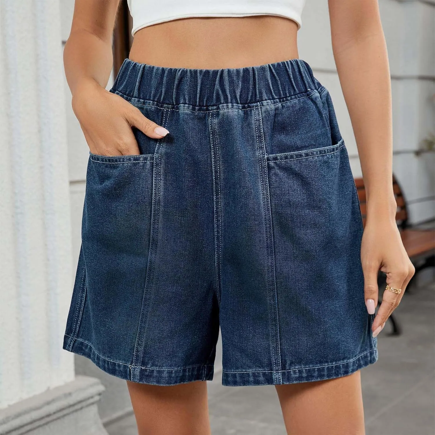 Women's Casual Denim Shorts Elastic High Waisted Jeans Short with Pockets 2025 Summer Trendy Patchwork Baggy Shorts