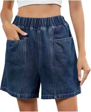 Women's Casual Denim Shorts Elastic High Waisted Jeans Short with Pockets 2025 Summer Trendy Patchwork Baggy Shorts