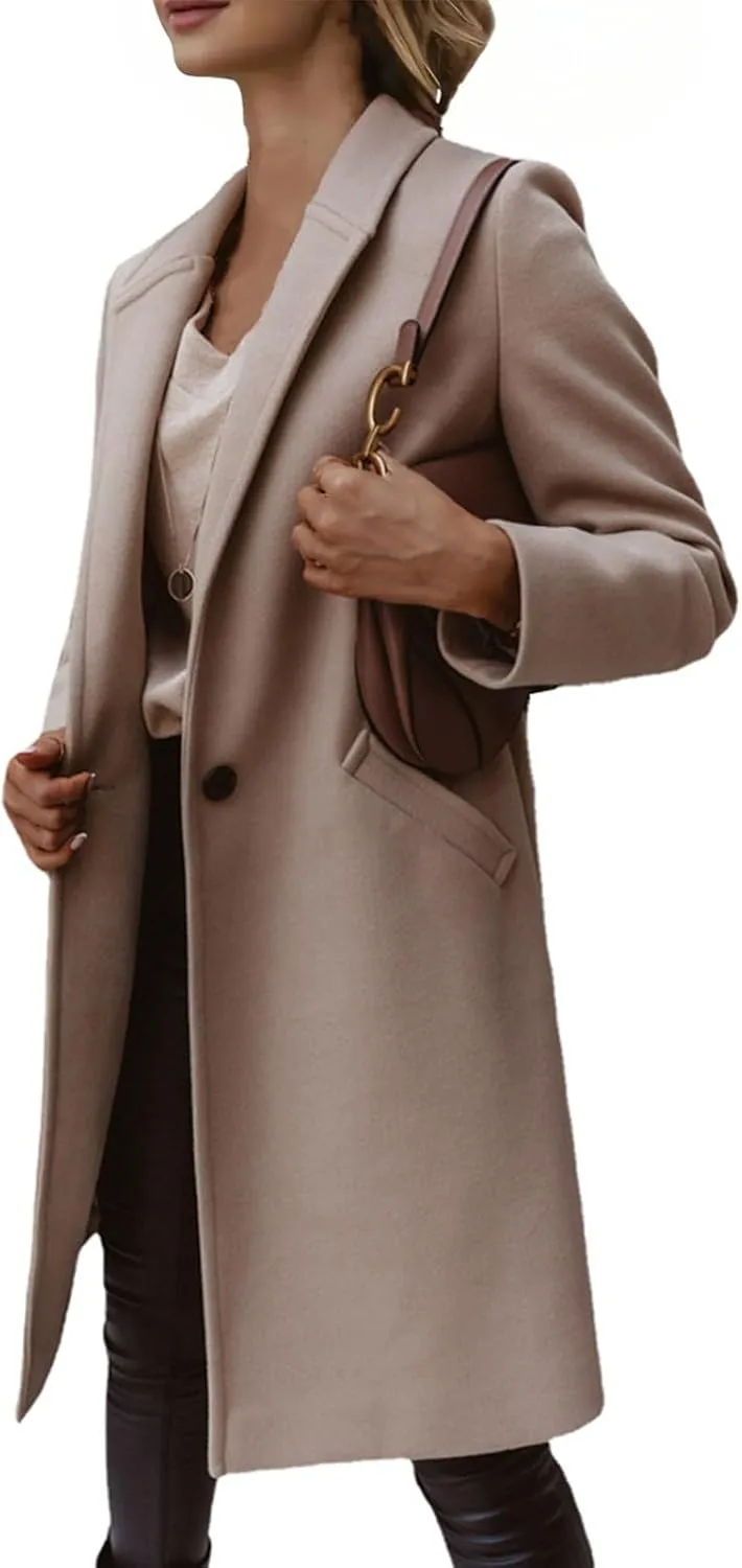 Womens Classic Coat Winter Slim Fit Pea Coat Lapel Collar Open Front Belted Long Jacket Warm Oversized Trench Coats