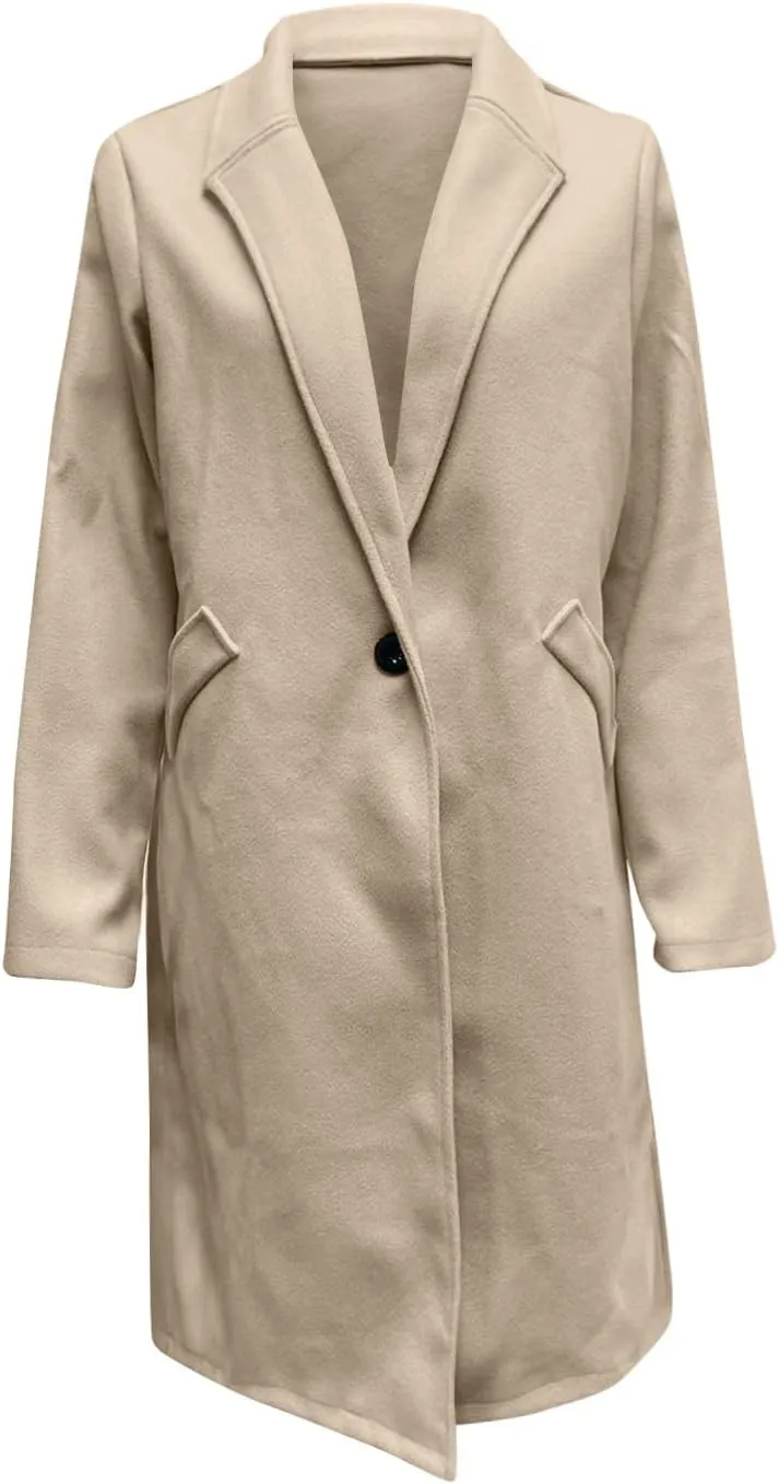 Womens Classic Coat Winter Slim Fit Pea Coat Lapel Collar Open Front Belted Long Jacket Warm Oversized Trench Coats