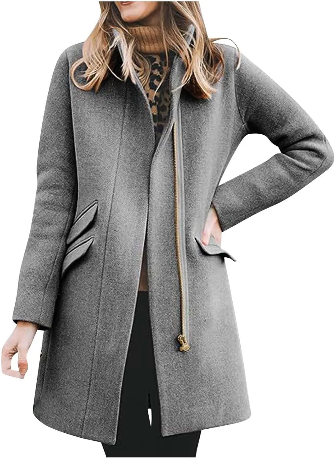 Women's Classic Open Front Casual Jacket Coat, Winter Wool Blend Over Pea Coats Long Sleeve Zip Up Comfy Outerwear