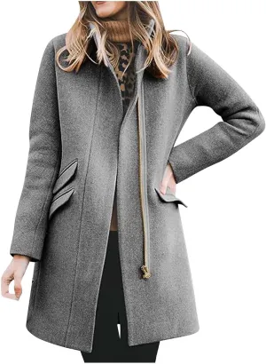 Women's Classic Open Front Casual Jacket Coat, Winter Wool Blend Over Pea Coats Long Sleeve Zip Up Comfy Outerwear
