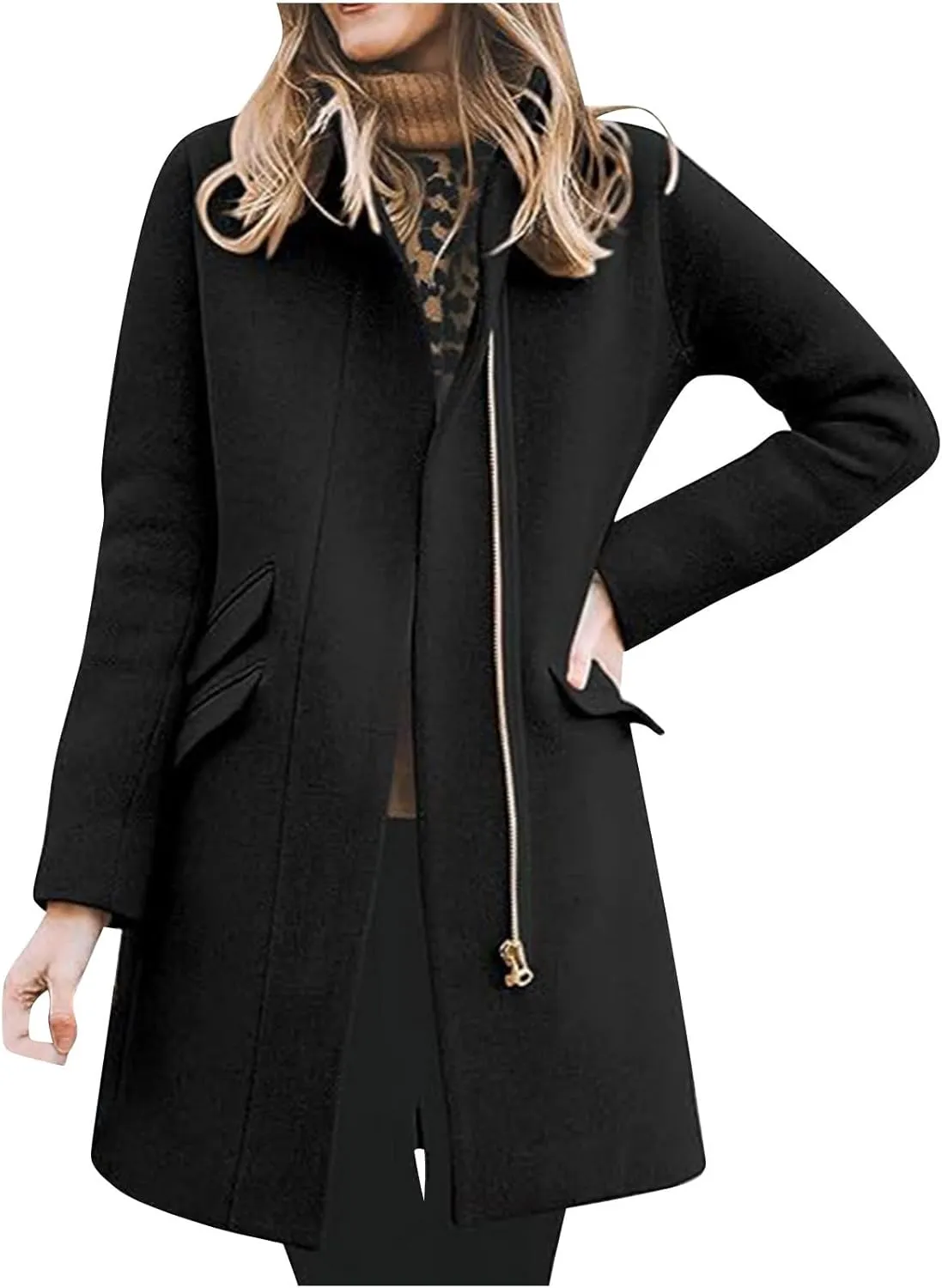 Women's Classic Open Front Casual Jacket Coat, Winter Wool Blend Over Pea Coats Long Sleeve Zip Up Comfy Outerwear
