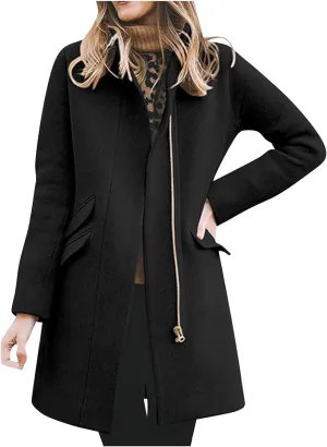 Women's Classic Open Front Casual Jacket Coat, Winter Wool Blend Over Pea Coats Long Sleeve Zip Up Comfy Outerwear