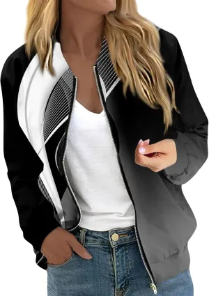 Women'S Coat 2024 with Zipper Fashionable Multi Print Long Sleeved Jacket