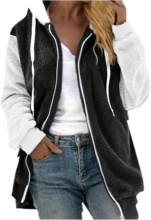 Women'S Coats For Winter Clearance,Sherpa Cardigan With Pockets Sherpa Jacket Women Long Coat Fuzzy Fleece Jacket Hooded Color Block Patchwork Cardigan Coats Outerwear With Pockets BlackL