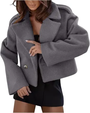 Womens Cropped Pea Coat Fall Winter Wool Blend Lapel Collar Short Jacket Comfy Thermal Chunky Long Sleeve Jackets