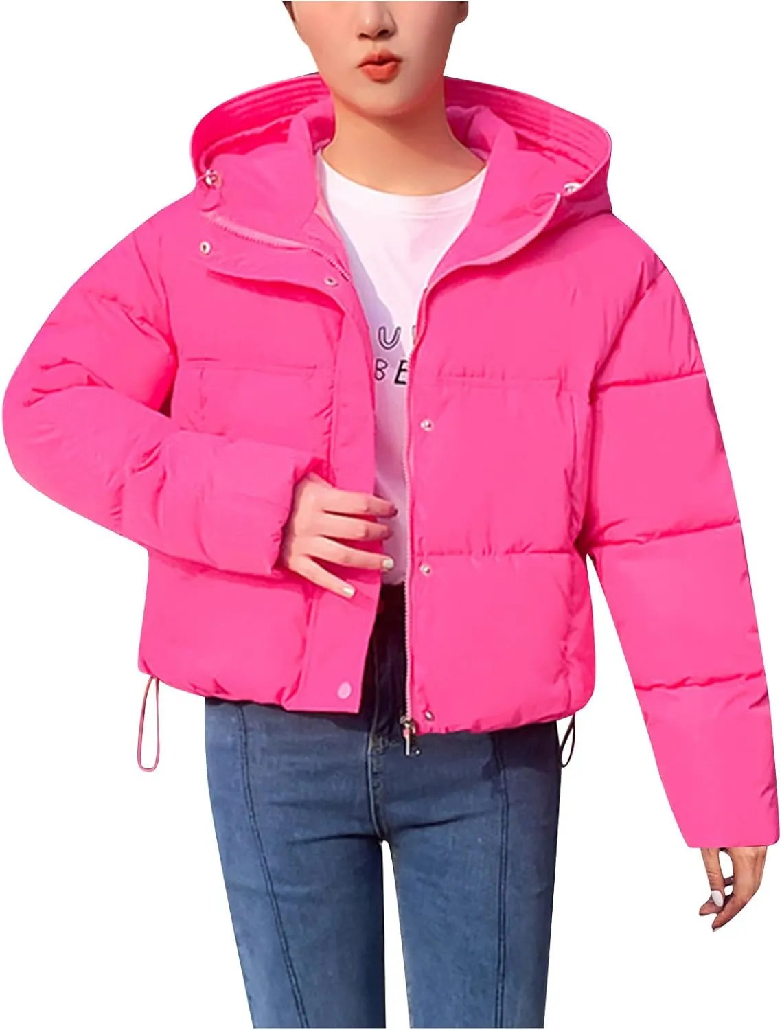 Women's Cropped Puffer Jackets Hooded Winter Coats Thicken Puffy Short Down Coats Quilted Lightweight Jackets Outerwear