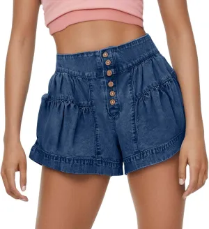 Women's Denim Shorts Summer Baggy High Waisted Flowy Wide Leg Buttons Pleated Jean Shorts Summer 2025 Casual Skorts
