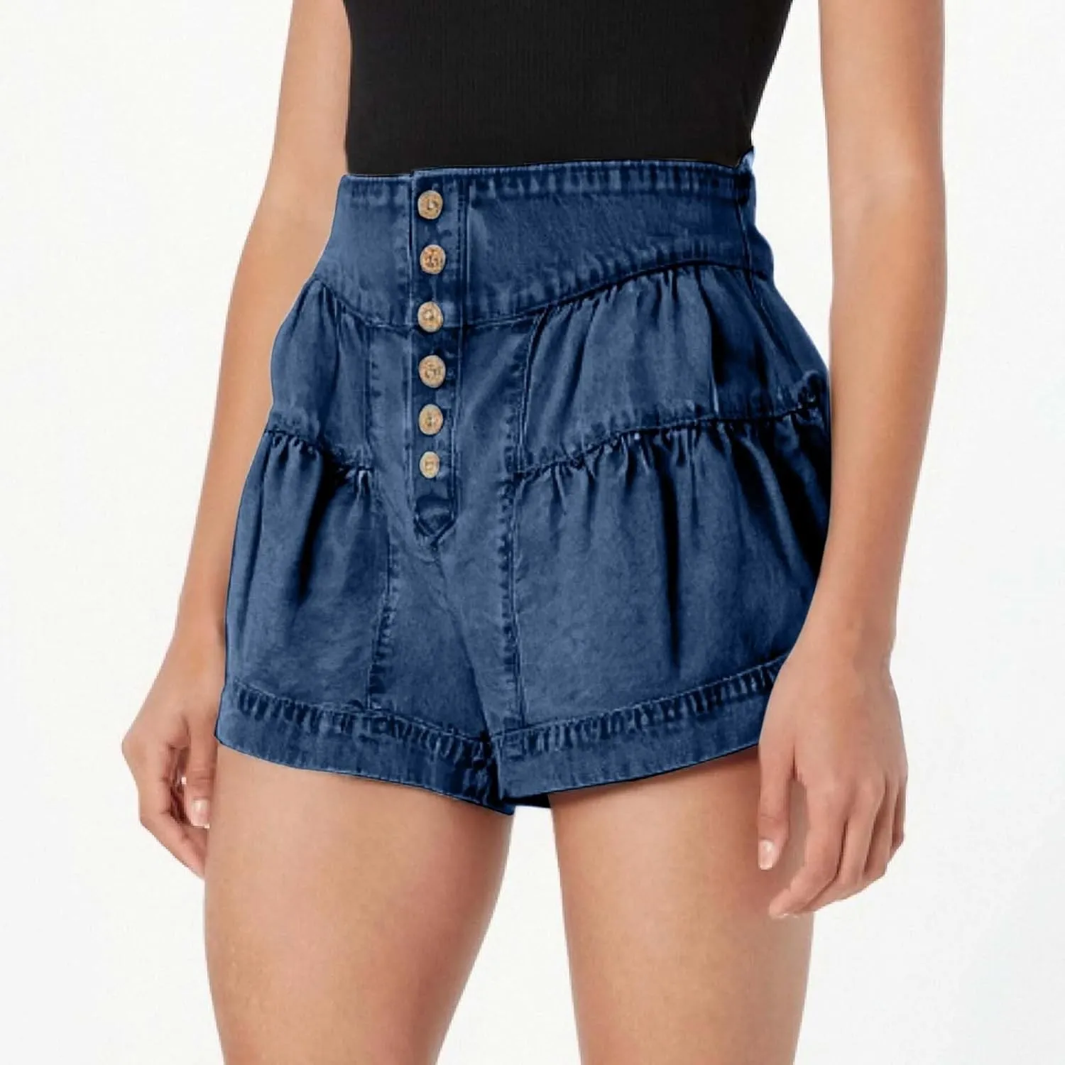 Women's Denim Shorts Summer Baggy High Waisted Flowy Wide Leg Buttons Pleated Jean Shorts Summer 2025 Casual Skorts