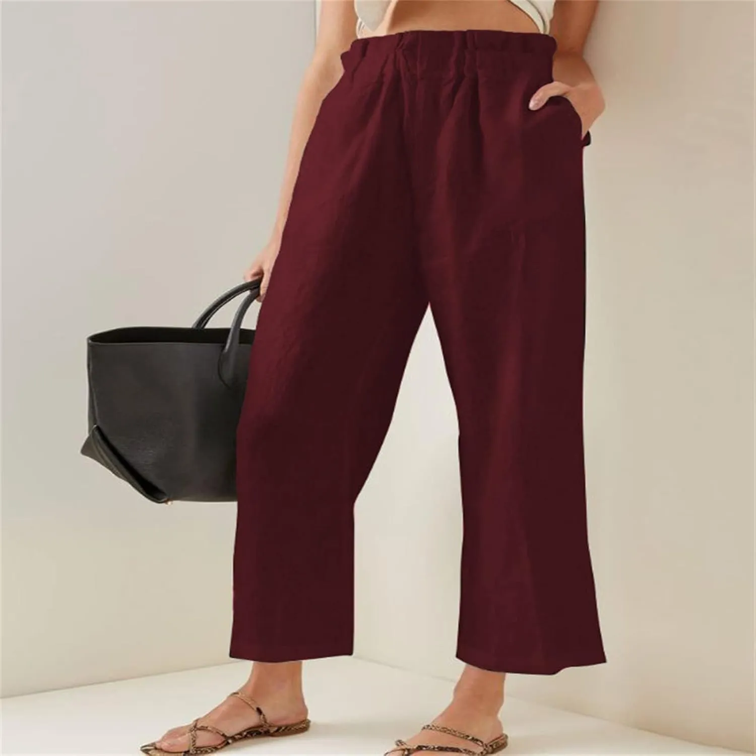 Women's Fashion Cotton Linen Paperbag Trousers Solid Color Loose Fit High Waisted Straight Wide Leg Pants with Pockets