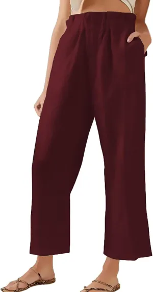 Women's Fashion Cotton Linen Paperbag Trousers Solid Color Loose Fit High Waisted Straight Wide Leg Pants with Pockets