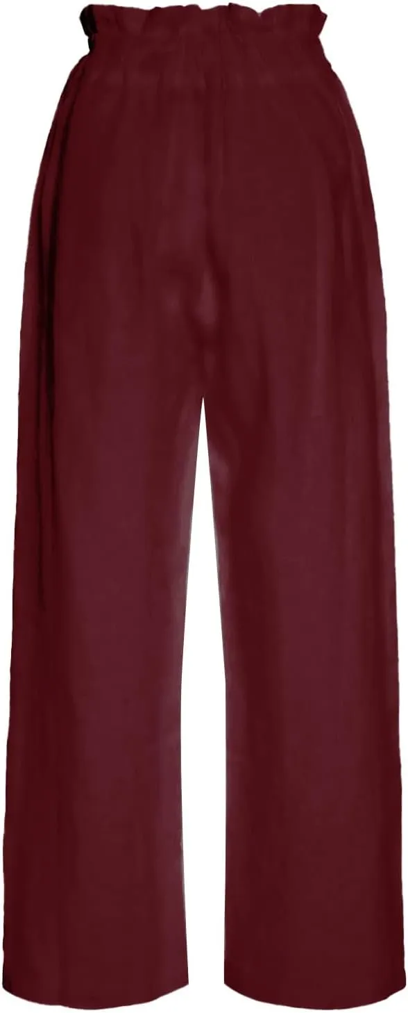 Women's Fashion Cotton Linen Paperbag Trousers Solid Color Loose Fit High Waisted Straight Wide Leg Pants with Pockets
