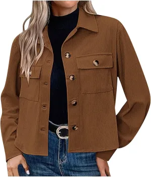 Womens Fashion Cropped Shackets Corduroy Button Down Crop Jackets Tops Long Sleeve Lapel Shirts Trendy Tops Jacket