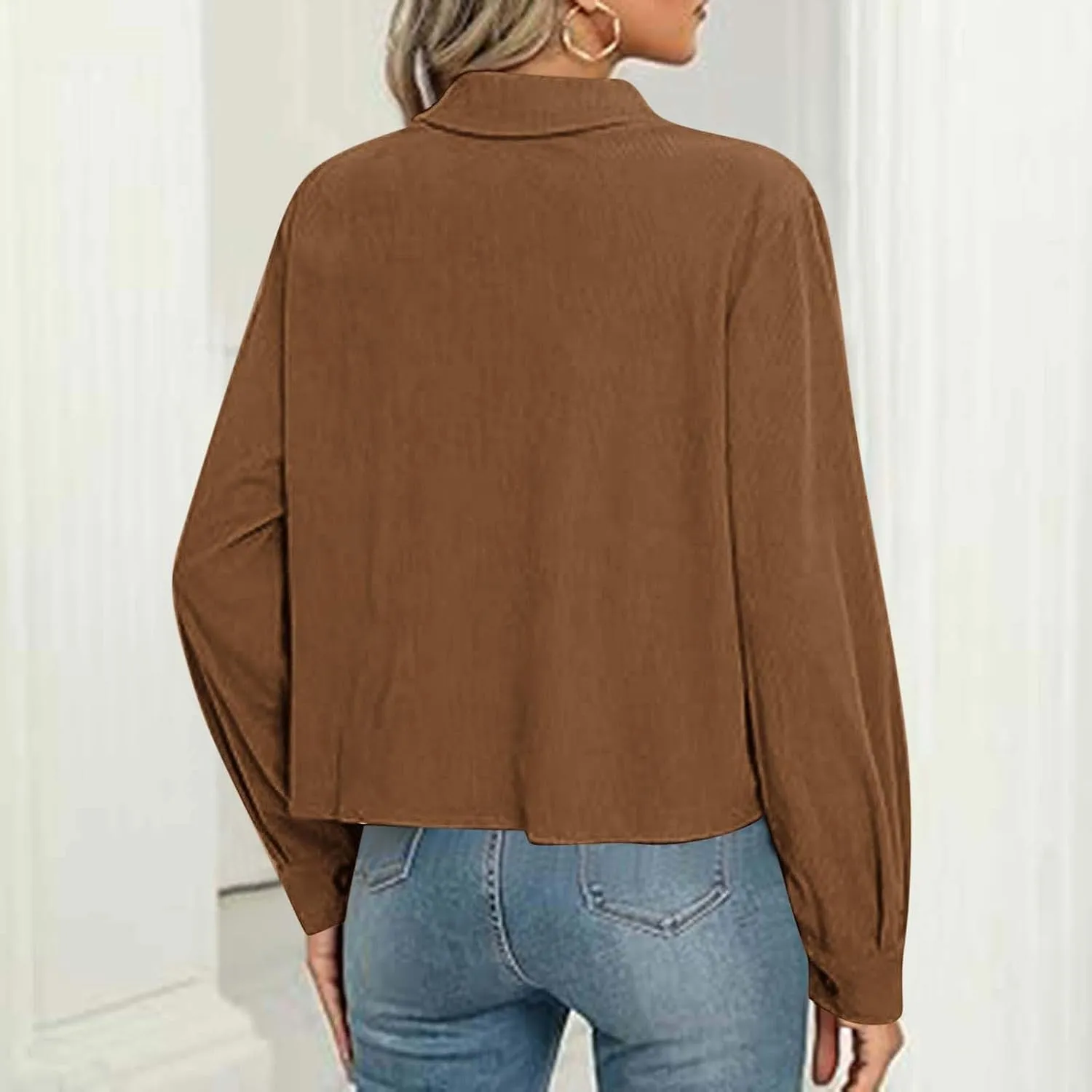 Womens Fashion Cropped Shackets Corduroy Button Down Crop Jackets Tops Long Sleeve Lapel Shirts Trendy Tops Jacket