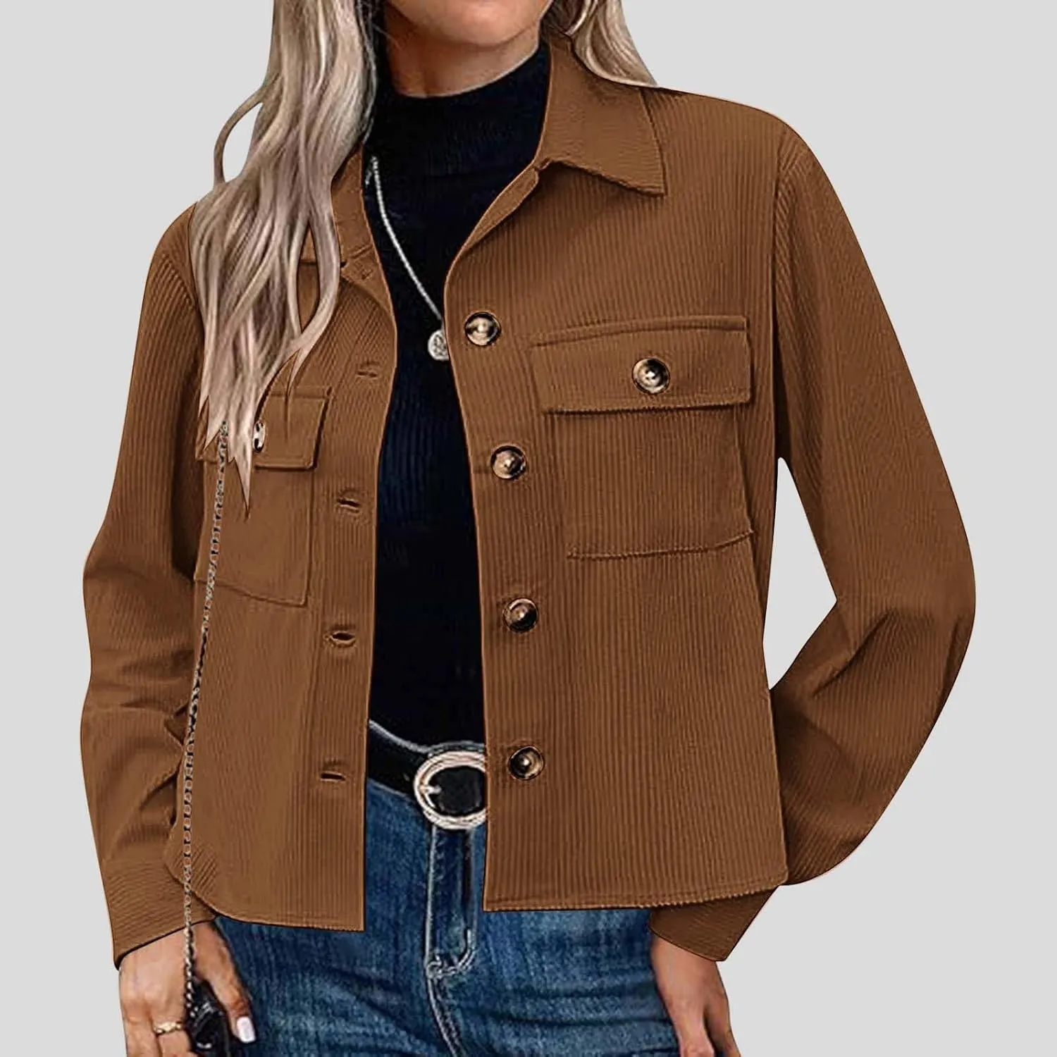 Womens Fashion Cropped Shackets Corduroy Button Down Crop Jackets Tops Long Sleeve Lapel Shirts Trendy Tops Jacket