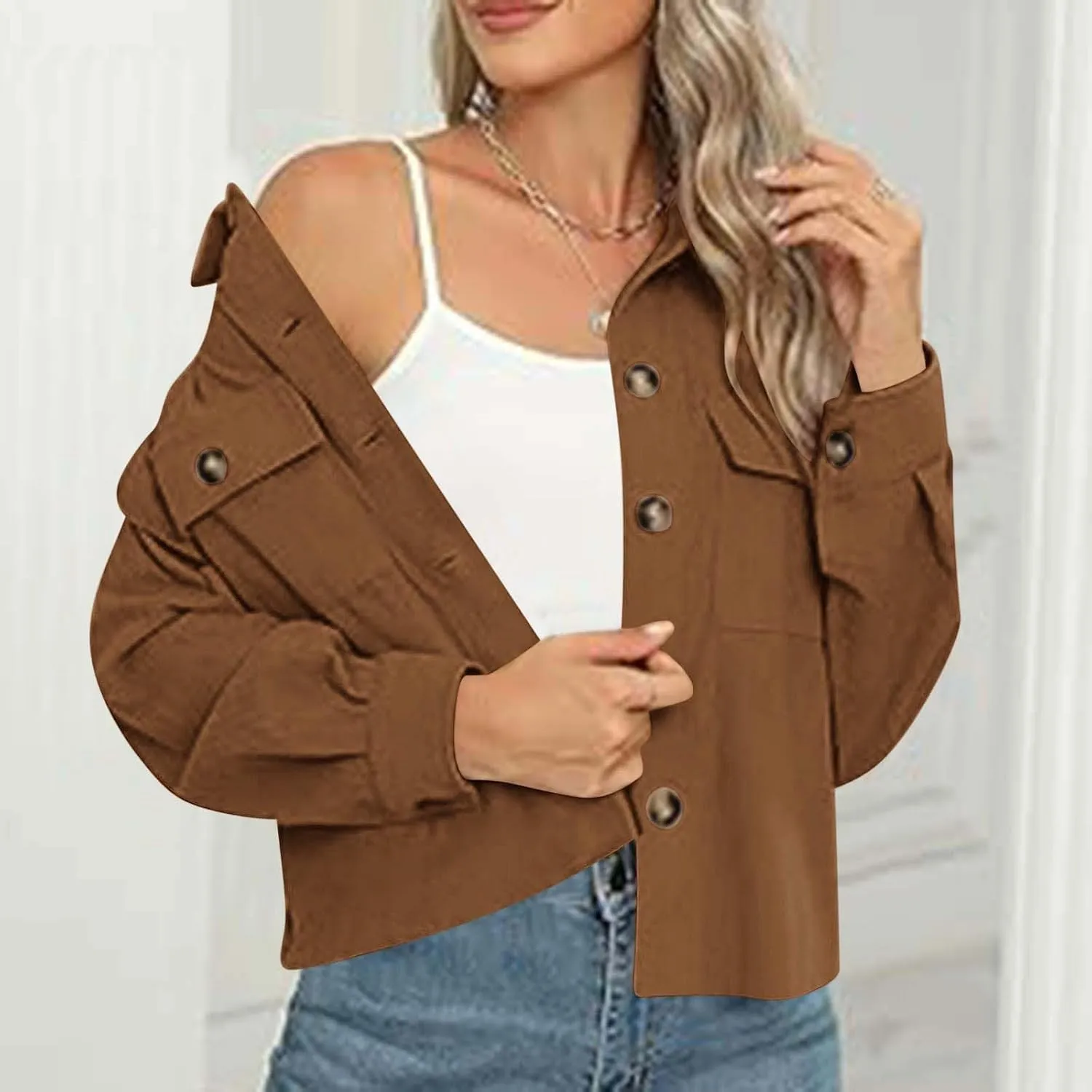 Womens Fashion Cropped Shackets Corduroy Button Down Crop Jackets Tops Long Sleeve Lapel Shirts Trendy Tops Jacket