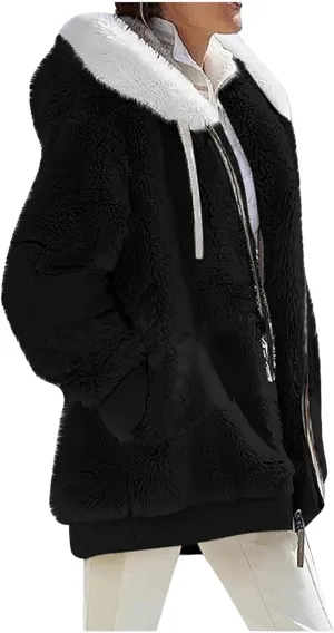Womens Faux Fur Coat Fleece Hoodies Long Sleeve Hooded Jackets Soild Color Sherpa Lined Thick Coats
