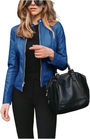 Womens Faux Leather Jackets Zip Up Cropped Motorcycle PU Moto Biker Outwear Coat 2024