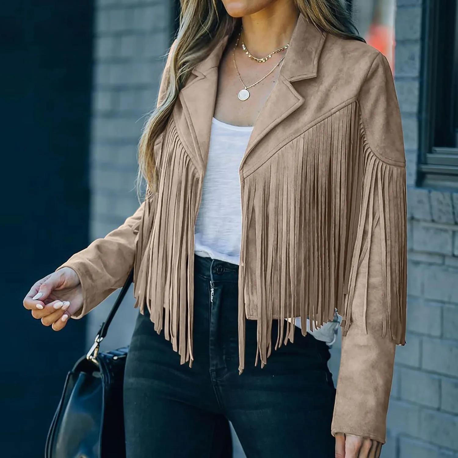 Women's Faux Suede Leather Fringe Jacket Cowgirl Crop Moto Biker Jackets Open Front Tassel Coat Tops 2024 Trendy