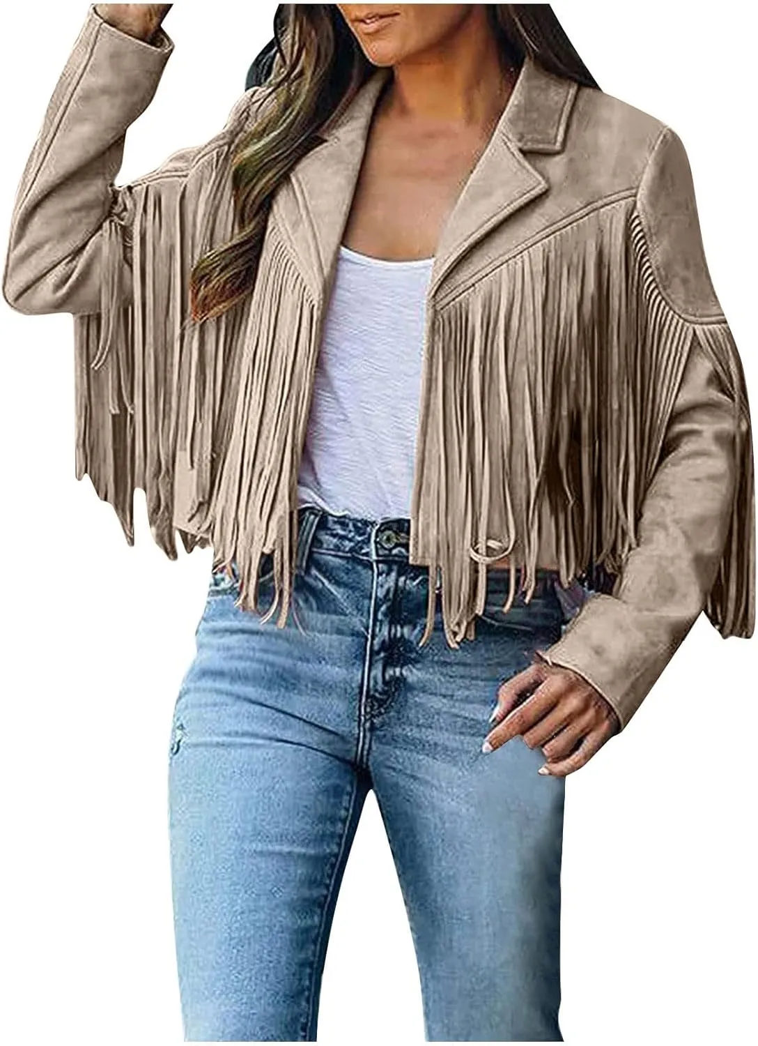 Women's Faux Suede Leather Fringe Jacket Cowgirl Crop Moto Biker Jackets Open Front Tassel Coat Tops 2024 Trendy