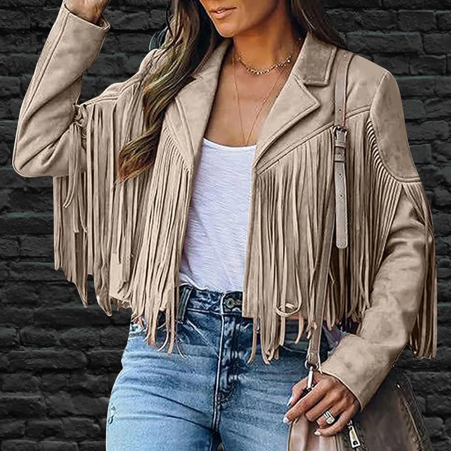 Women's Faux Suede Leather Fringe Jacket Cowgirl Crop Moto Biker Jackets Open Front Tassel Coat Tops 2024 Trendy