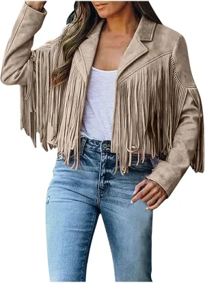 Women's Faux Suede Leather Fringe Jacket Cowgirl Crop Moto Biker Jackets Open Front Tassel Coat Tops 2024 Trendy