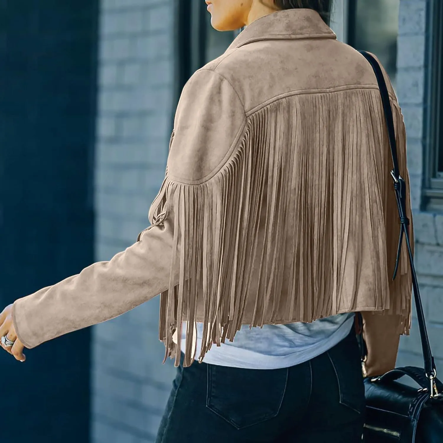 Women's Faux Suede Leather Fringe Jacket Cowgirl Crop Moto Biker Jackets Open Front Tassel Coat Tops 2024 Trendy