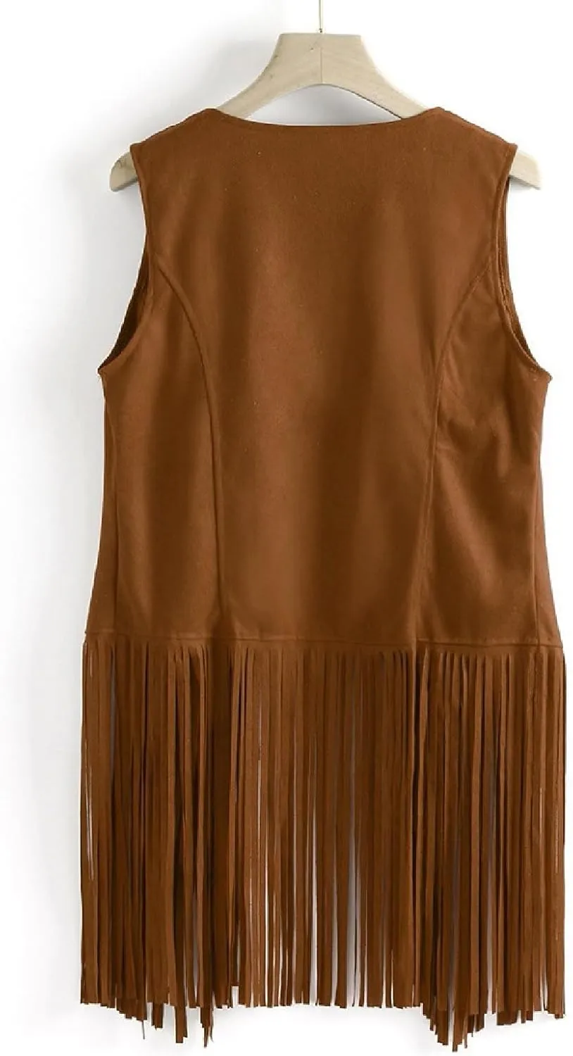 Womens Faux Suede Tassels Vest Vintage 70s Hippie Sleeveless Cowgirl Western Vest Open Front Cardigan Jackets
