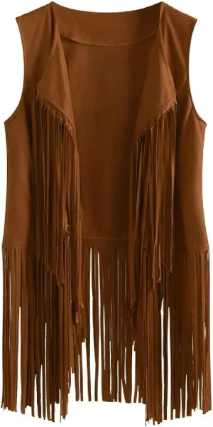 Womens Faux Suede Tassels Vest Vintage 70s Hippie Sleeveless Cowgirl Western Vest Open Front Cardigan Jackets
