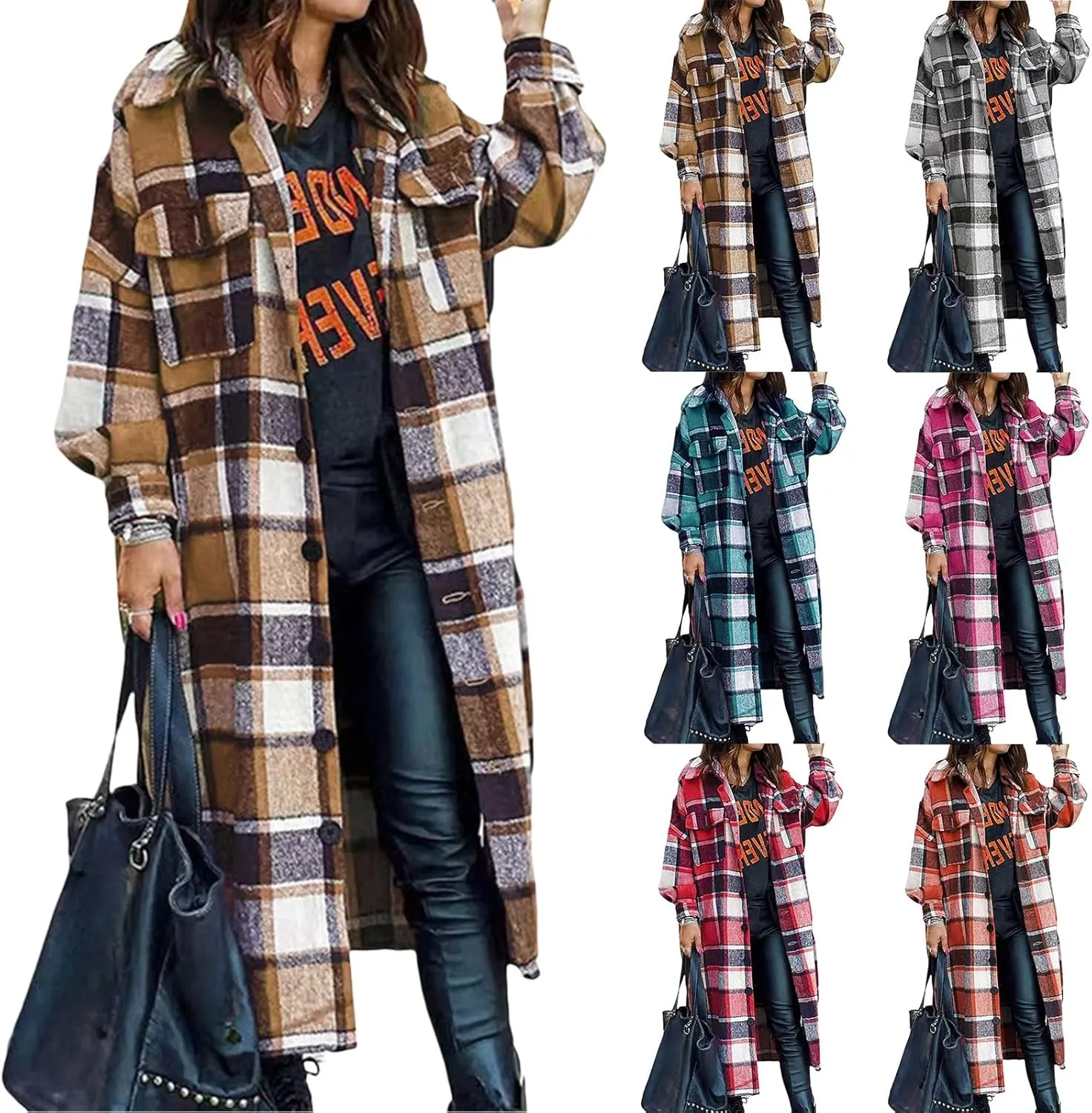 Womens Flannel Plaid Shacket Oversized Long Plaid Shirt Casual Lapel Button Down Wool Blend Jacket Winter Coat