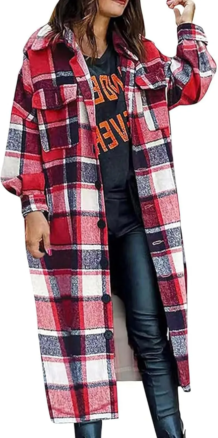 Womens Flannel Plaid Shacket Oversized Long Plaid Shirt Casual Lapel Button Down Wool Blend Jacket Winter Coat