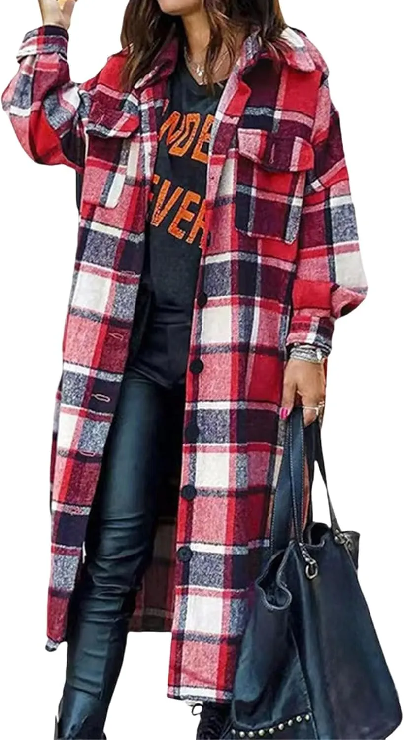 Womens Flannel Plaid Shacket Oversized Long Plaid Shirt Casual Lapel Button Down Wool Blend Jacket Winter Coat