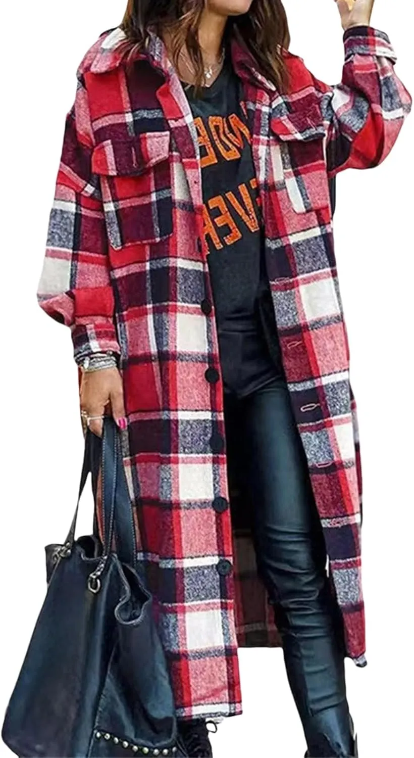 Womens Flannel Plaid Shacket Oversized Long Plaid Shirt Casual Lapel Button Down Wool Blend Jacket Winter Coat