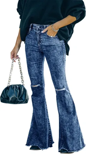 Women's Flare Bell Bottom Jeans Ripped Raw Hem Flared Legs Stretch Denim Pants