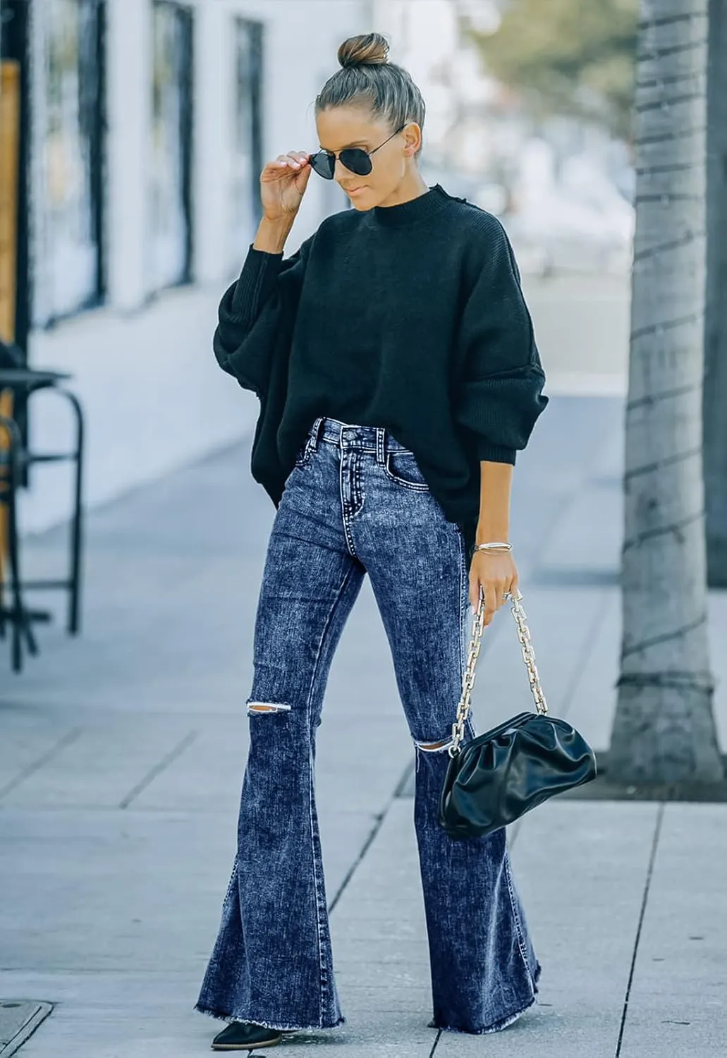 Women's Flare Bell Bottom Jeans Ripped Raw Hem Flared Legs Stretch Denim Pants