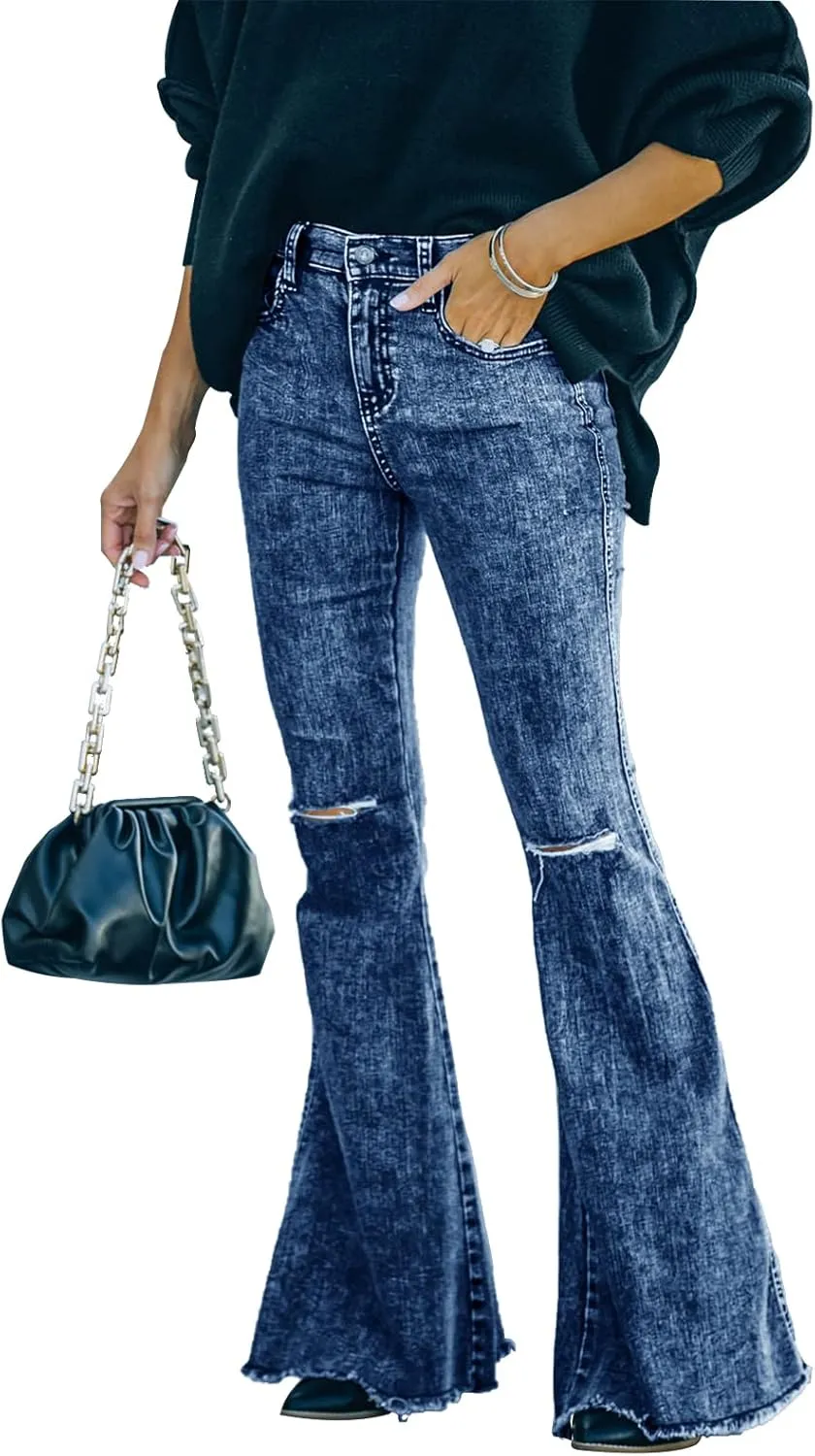 Women's Flare Bell Bottom Jeans Ripped Raw Hem Flared Legs Stretch Denim Pants