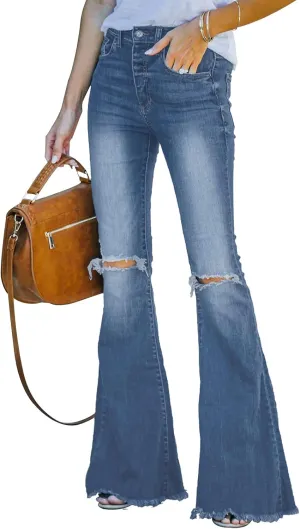 Women's Flare Bell Bottom Jeans Ripped Raw Hem Flared Legs Stretch Denim Pants