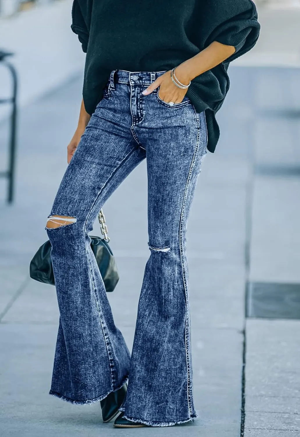 Women's Flare Bell Bottom Jeans Ripped Raw Hem Flared Legs Stretch Denim Pants