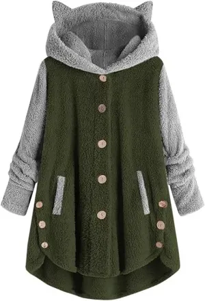 Womens Fleece Jacket 2024 Fall Winter Long Sleeve Button Sherpa Coats Cardigans Hood Fuzzy Outerwear with Pockets
