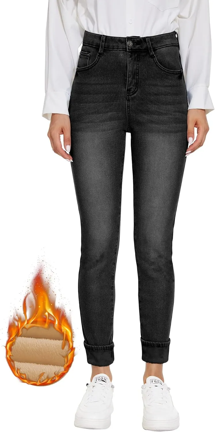 Women's Fleece Lined Jeans Thermal Flannel Lined Jeans Winter Warm Thicken Skinny Stretch Denim Pants