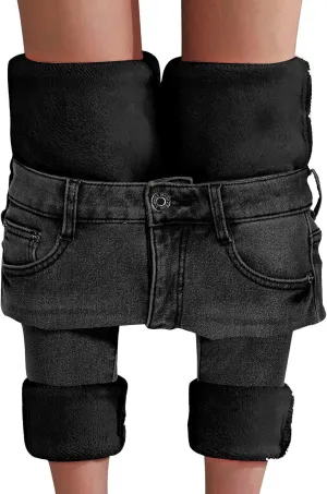 Women's Fleece Lined Jeans Thermal Flannel Lined Jeans Winter Warm Thicken Skinny Stretch Denim Pants