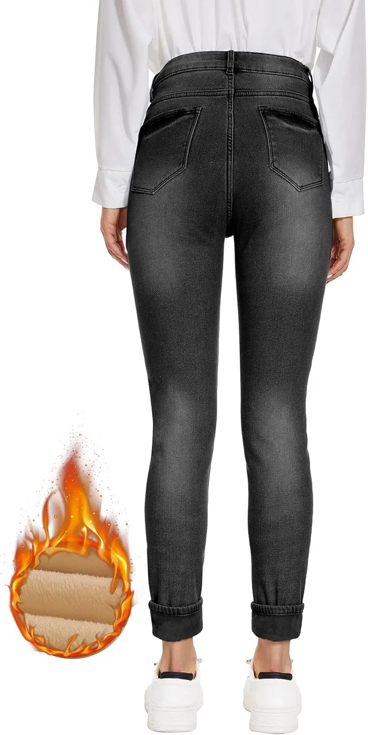Women's Fleece Lined Jeans Thermal Flannel Lined Jeans Winter Warm Thicken Skinny Stretch Denim Pants