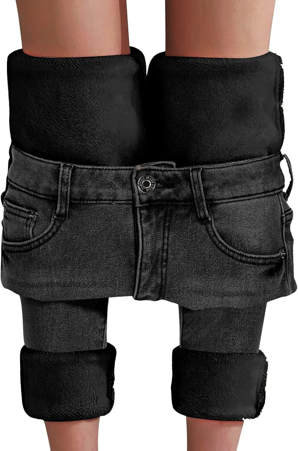 Women's Fleece Lined Jeans Thermal Flannel Lined Jeans Winter Warm Thicken Skinny Stretch Denim Pants